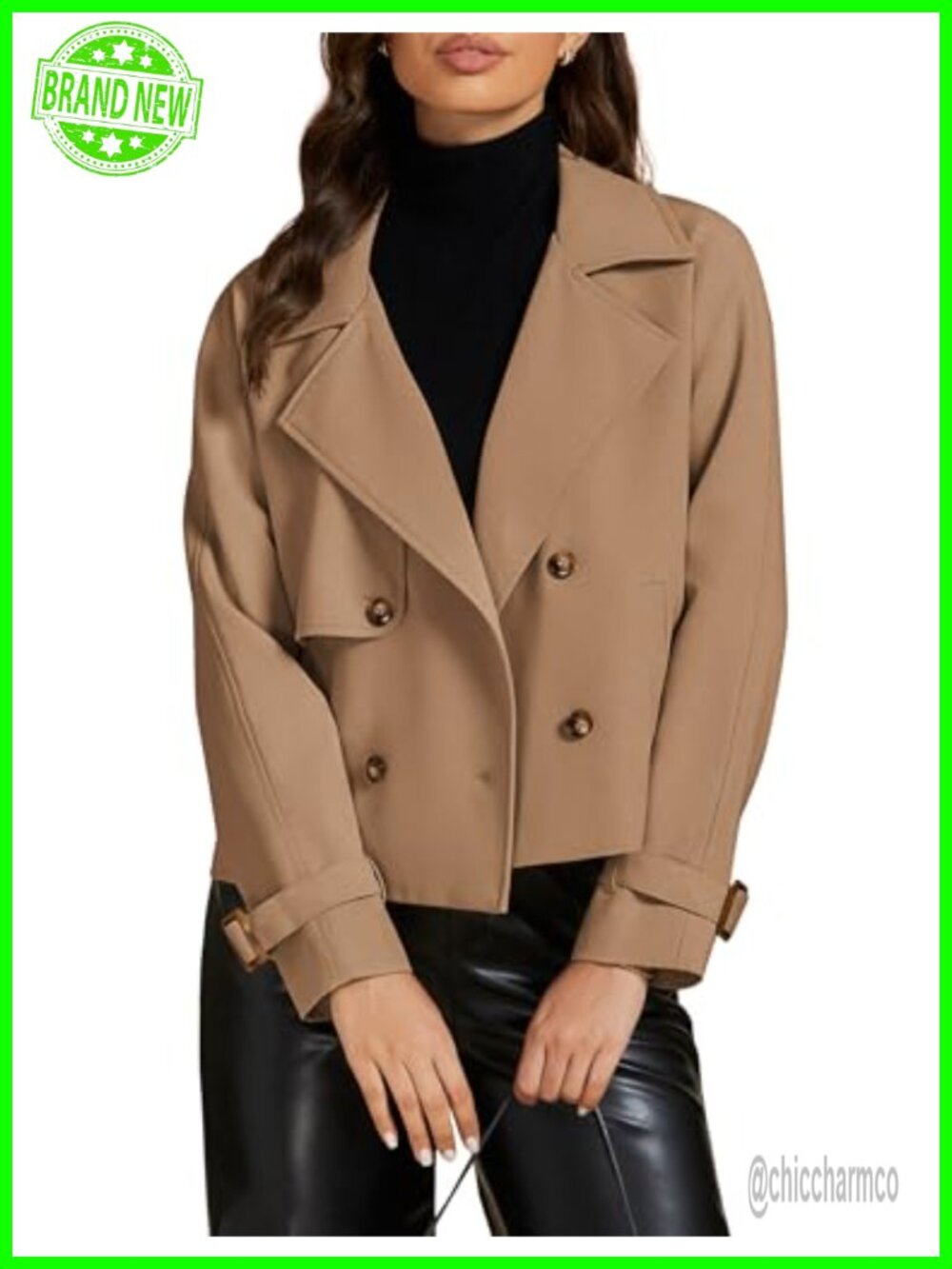 Cropped Trench Coat Women Long Sleeve Double Breasted Notched Lapel Loose Fit